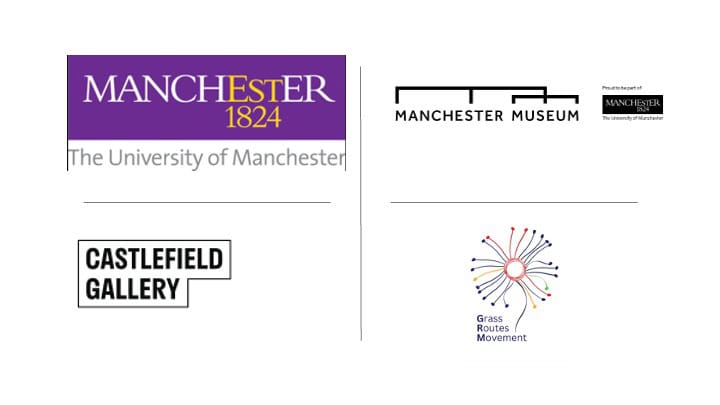 Logos: University of Manchester, Manchester Museum, Castlefield Gallery, Grass Routes Movement